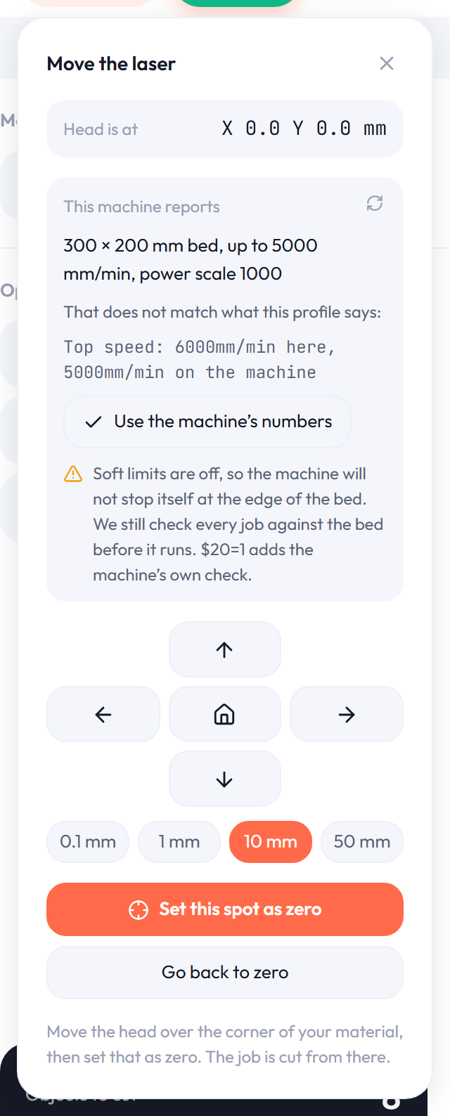 The machine panel showing a connected laser reporting a 300 by 200 mm bed, a 5000 mm per minute top speed and a power scale of 1000, with the one value that disagrees with the saved profile listed underneath and a button to take the machine’s number.